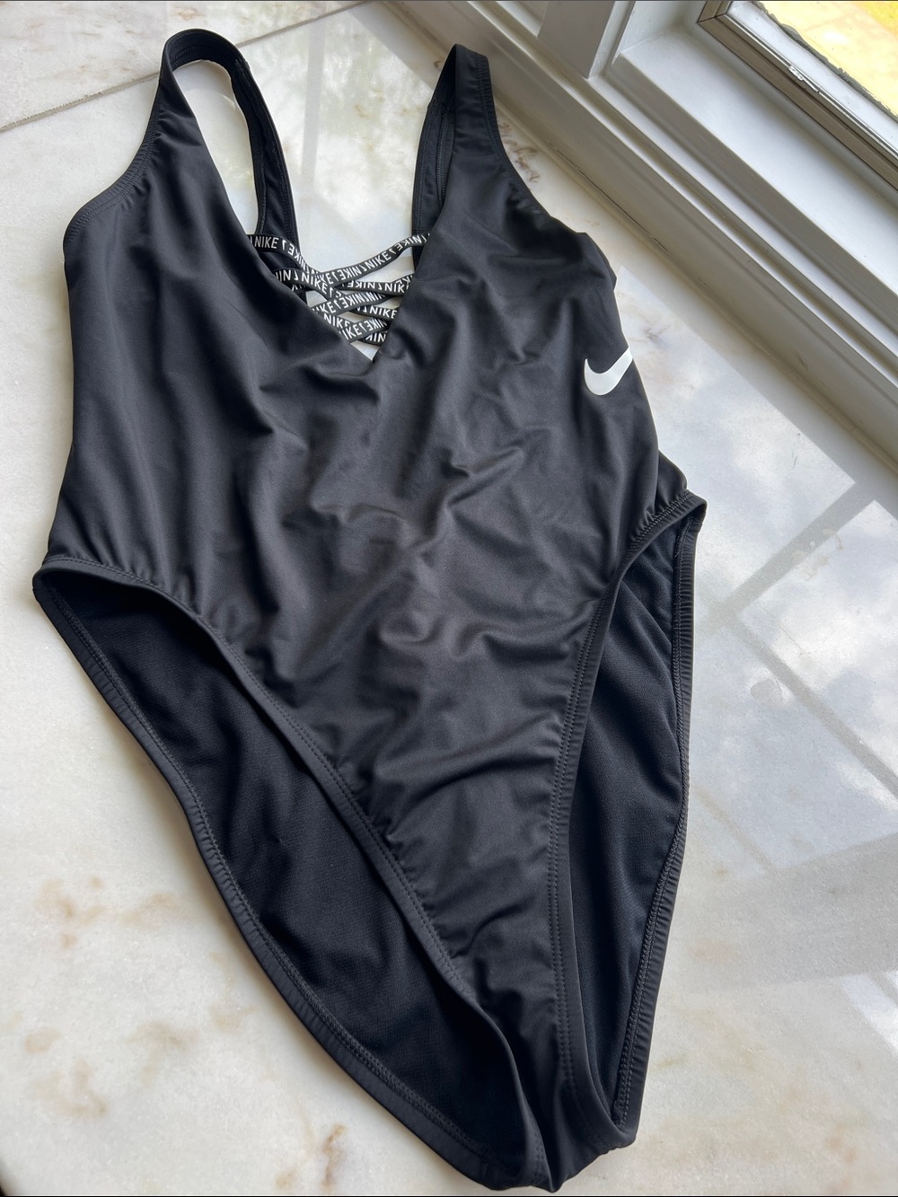 Nike Black One-Piece Swimsuit with White Swoosh and Strappy Back